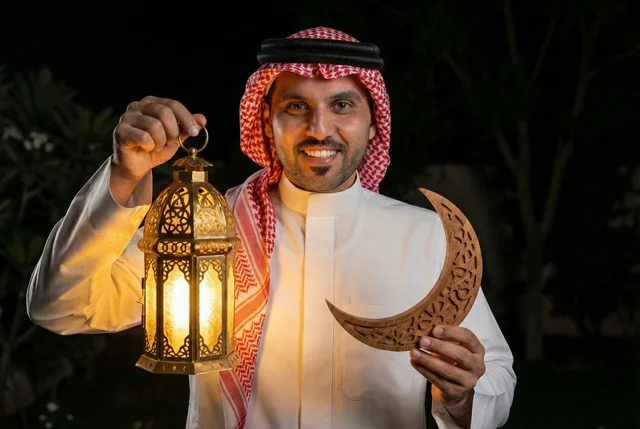 إضاءة وزينة شهر رمضان المبارك، رجل عربي خليجي سعودي يرتدي الزي التقليدي والشماغ  يمسك فانوس رمضان، أجواء رمضانية، مناسبات دينية ، اسلاميات وعبادات