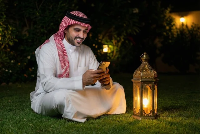 استخدام جهاز الموبايل ، رجل عربي خليجي سعودي يرتدي الزي السعودي التقليدي يستخدم الهاتف المحمول يجلس في الهواء الطلق في الخارج ، التواصل الاجتماعي وتصفح المواقع الالكترونية، فانوس رمضان، إضاءة وزينة شهر رمضان، أجواء رمضانية
