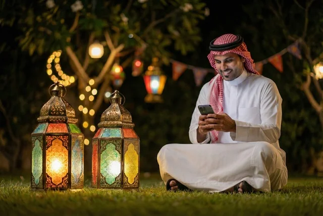 استخدام جهاز الموبايل ، رجل عربي خليجي سعودي يرتدي الزي السعودي التقليدي يستخدم الهاتف المحمول يجلس في الهواء الطلق في الخارج ، التواصل الاجتماعي وتصفح المواقع الالكترونية، فانوس رمضان، إضاءة وزينة شهر رمضان، أجواء رمضانية