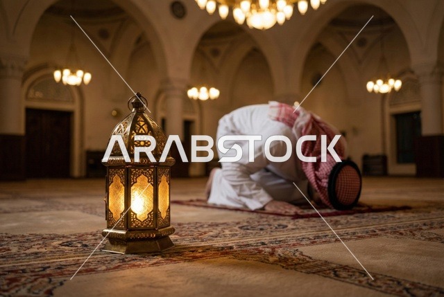 أذكار وأدعية وفرائض، الركوع والسجود والخشوع لله، رجل عربي سعودي خليجي يرتدي الثوب التقليدي والشماغ يجلس على السجادة و يؤدي فريضة الصلاة ، آداء صلاة التراويح فى شهر رمضان الكريم ، الدعاء والتضرع الى الله