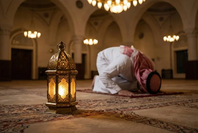 أذكار وأدعية وفرائض، الركوع والسجود والخشوع لله، رجل عربي سعودي خليجي يرتدي الثوب التقليدي والشماغ يجلس على السجادة و يؤدي فريضة الصلاة ، آداء صلاة التراويح فى شهر رمضان الكريم ، الدعاء والتضرع الى الله
