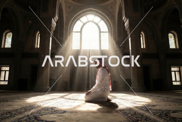 أذكار وأدعية وفرائض، الركوع والسجود والخشوع لله، رجل عربي سعودي خليجي يرتدي الثوب التقليدي والشماغ يجلس على السجادة و يؤدي فريضة الصلاة ، آداء صلاة التراويح فى شهر رمضان الكريم ، الدعاء والتضرع الى الله