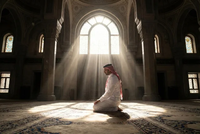 أذكار وأدعية وفرائض، الركوع والسجود والخشوع لله، رجل عربي سعودي خليجي يرتدي الثوب التقليدي والشماغ يجلس على السجادة و يؤدي فريضة الصلاة ، آداء صلاة التراويح فى شهر رمضان الكريم ، الدعاء والتضرع الى الله