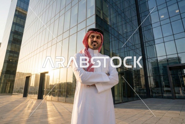 التجول واستنشاق الهواء النقي في الخارج, الفخر والاعتزاز بالتقدم المعماري ، النمو والتطور العمراني في المملكة ،  رجل عربي خليجي سعودي يرتدي الثوب التقليدي والشماغ ينظر الى شيء ما في وقت النهار.