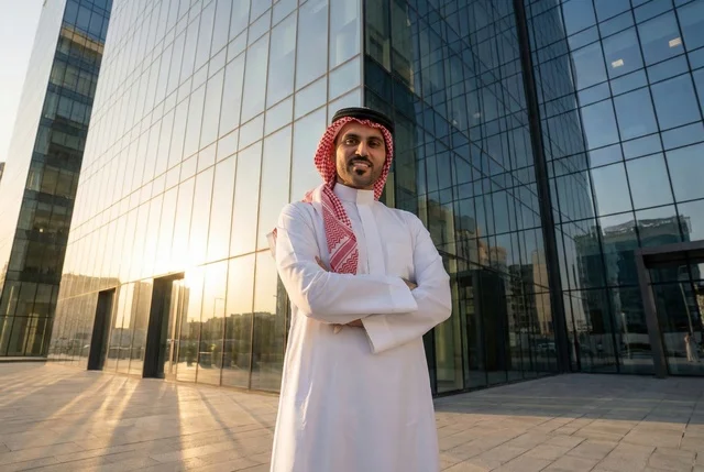 التجول واستنشاق الهواء النقي في الخارج, الفخر والاعتزاز بالتقدم المعماري ، النمو والتطور العمراني في المملكة ،  رجل عربي خليجي سعودي يرتدي الثوب التقليدي والشماغ ينظر الى شيء ما في وقت النهار.