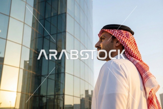 التجول واستنشاق الهواء النقي في الخارج, الفخر والاعتزاز بالتقدم المعماري ، النمو والتطور العمراني في المملكة ،  رجل عربي خليجي سعودي يرتدي الثوب التقليدي والشماغ ينظر الى شيء ما في وقت النهار.