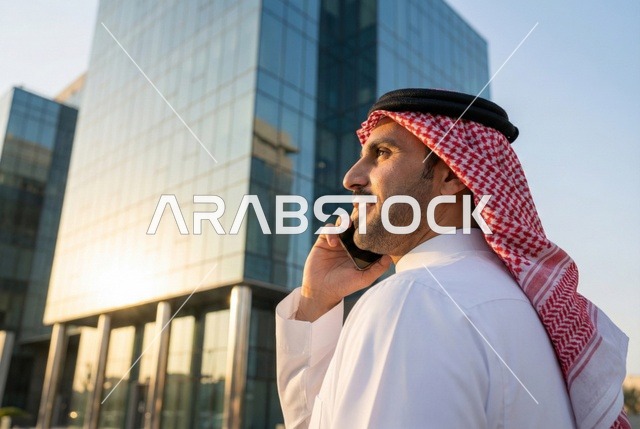 التجول واستنشاق الهواء النقي في الخارج, الفخر والاعتزاز بالتقدم المعماري ، النمو والتطور العمراني في المملكة ،  رجل عربي خليجي سعودي يرتدي الثوب التقليدي والشماغ يجري مكالمة هاتفية في وقت النهار.