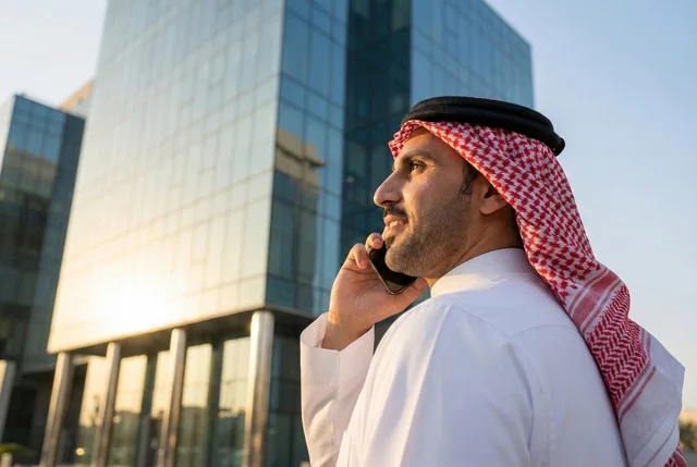 التجول واستنشاق الهواء النقي في الخارج, الفخر والاعتزاز بالتقدم المعماري ، النمو والتطور العمراني في المملكة ،  رجل عربي خليجي سعودي يرتدي الثوب التقليدي والشماغ يجري مكالمة هاتفية في وقت النهار.