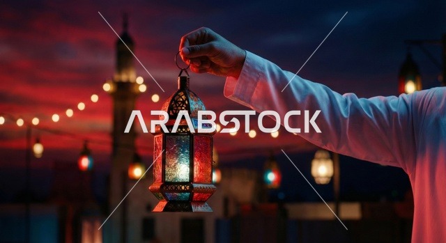 شهر رمضان المبارك، رجل عربي خليجي سعودي يرتدي الزي التقليدي والشماغ  يمسك فانوس رمضان، إضاءة وزينة شهر رمضان، أجواء رمضانية، مناسبات دينية ، اسلاميات وعبادات