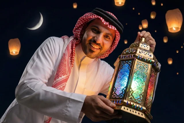 شهر رمضان المبارك، رجل عربي خليجي سعودي يرتدي الزي التقليدي والشماغ  يمسك فانوس رمضان، إضاءة وزينة شهر رمضان، أجواء رمضانية، مناسبات دينية ، اسلاميات وعبادات