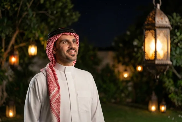 شهر رمضان المبارك، رجل عربي خليجي سعودي يرتدي الزي التقليدي والشماغ  ينظر الى فانوس رمضان، إضاءة وزينة شهر رمضان، أجواء رمضانية، مناسبات دينية ، اسلاميات وعبادات