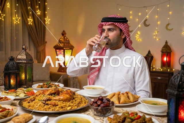 A Ramadan iftar table with a variety of delicious foods, a Saudi Gulf Arab man wearing traditional attire and a ghutrah is having iftar, gestures of happiness and joy, Islamic and religious occasions.