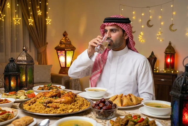 A Ramadan iftar table with a variety of delicious foods, a Saudi Gulf Arab man wearing traditional attire and a ghutrah is having iftar, gestures of happiness and joy, Islamic and religious occasions.