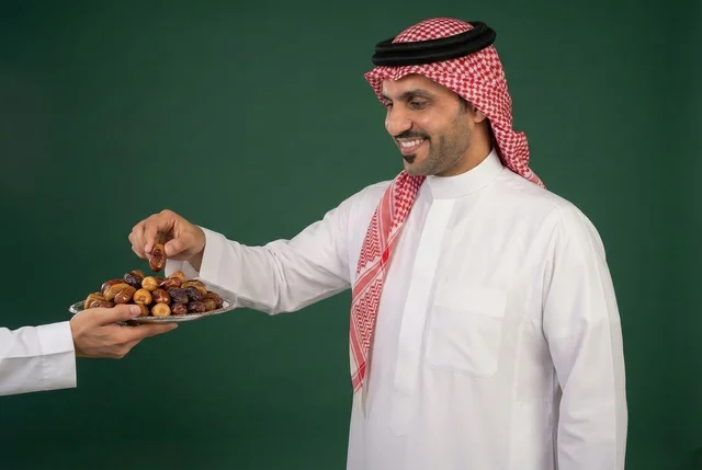 The warm welcome and generosity of hospitality during the month of Ramadan, a healthy meal of fresh dates, a local Saudi agricultural product, a portrait of a Saudi Gulf Arab man wearing traditional attire and a ghutrah, taking a piece of fresh date, with a green background.