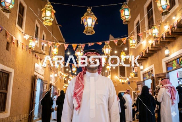 انوار الزينة الرمضانية المعلقة في الشوارع ليلا، مصابيح معدنية مضيئة، احبال الانارة، رجل عربي خليجي سعودي يرتدي الثوب التقليدي والشماغ ينظر الى الكاميرا بايماءات السعاده ، فوانيس وزينة رمضان،  اجواء رمضانية