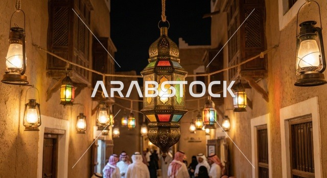 انوار الزينة الرمضانية المعلقة في الشوارع ليلا، مصابيح معدنية مضيئة، احبال الانارة، رجل عربي خليجي سعودي يرتدي الثوب التقليدي والشماغ ينظر الى الكاميرا بايماءات السعاده ، فوانيس وزينة رمضان،  اجواء رمضانية