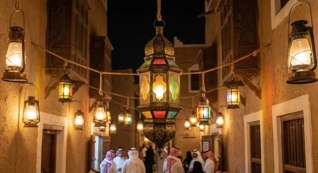 The lights of Ramadan decorations hanging in the streets at night, illuminated metal lamps, strings of lights, an Arab Gulf Saudi man wearing traditional attire and a shemagh looking at the camera with gestures of happiness, lanterns and Ramadan decorations, Ramadan atmosphere.