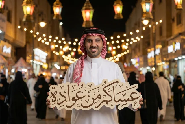 The lights of Ramadan decorations hanging in the streets at night, illuminated metal lamps, strings of lights, a Gulf Arab man wearing traditional attire and a ghutrah looking at the camera with gestures of happiness holding the phrase "May you be among those who return," lanterns and Ramadan decorations, Ramadan atmosphere.