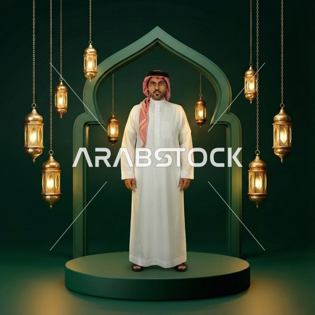 فوانيس وزينة رمضان، انوار الزينة الرمضانية المعلقة، مصابيح معدنية مضيئة،  رجل عربي خليجي سعودي يرتدي الثوب التقليدي والشماغ ينظر الى الكاميرا بايماءات السعاده،   اجواء رمضانية