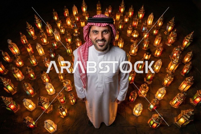قدوم شهر رمضان الكريم ، انوار الزينة الرمضانية ، مصابيح معدنية مضيئة،  رجل عربي خليجي سعودي يرتدي الثوب التقليدي والشماغ ينظر الى الكاميرا بايماءات السعاده ،  اجواء رمضانية، خلفية فوانيس رمضان