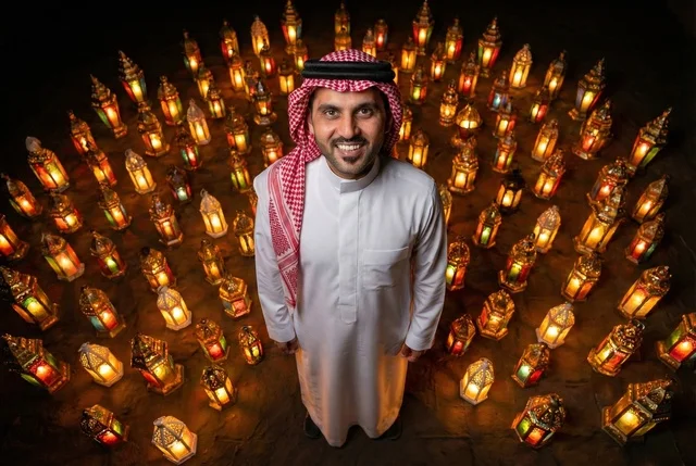قدوم شهر رمضان الكريم ، انوار الزينة الرمضانية ، مصابيح معدنية مضيئة،  رجل عربي خليجي سعودي يرتدي الثوب التقليدي والشماغ ينظر الى الكاميرا بايماءات السعاده ،  اجواء رمضانية، خلفية فوانيس رمضان