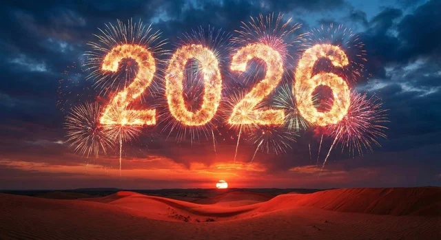 Celebratory and recreational events for holidays and occasions, preparations for the arrival of the new year, the atmosphere of annual celebrations in the Kingdom, the launch of fireworks and firecrackers in the sky of Saudi Arabia at night, celebrating New Year's Eve 2026.