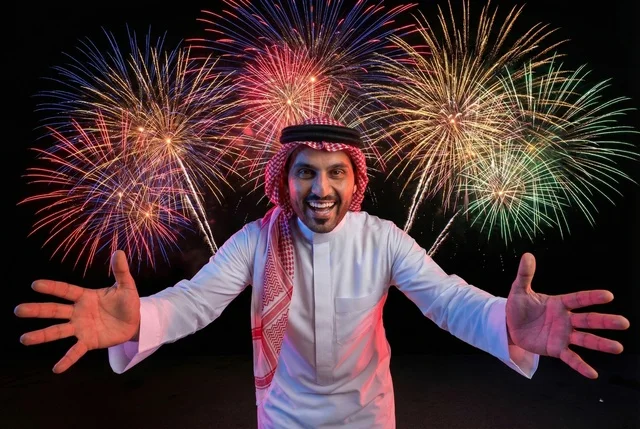 أجواء الاحتفالات السنوية في المملكة, الفعاليات الاحتفالية الترفيهية بالأعياد والمناسبات, الاستعداد لقدوم العام الجديد, انطلاق المفرقعات والألعاب النارية في سماء السعودية ليلا, رجل عربي خليجي سعودي يرتدي الزى التقليدي والشماغ يحتفل بعيد رأس السنة الميلادية 2026