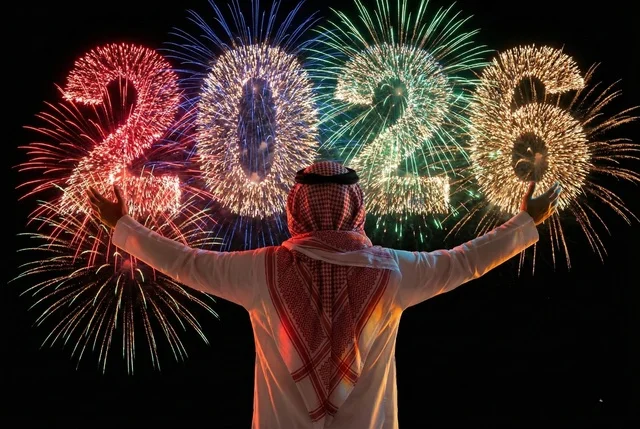 The atmosphere of annual celebrations in the Kingdom, festive entertainment events for holidays and occasions, preparations for the arrival of the new year, the launch of fireworks and firecrackers in the sky of Saudi Arabia at night, an Arab Gulf Saudi man wearing traditional attire and a shemagh celebrating New Year's Eve 2026.