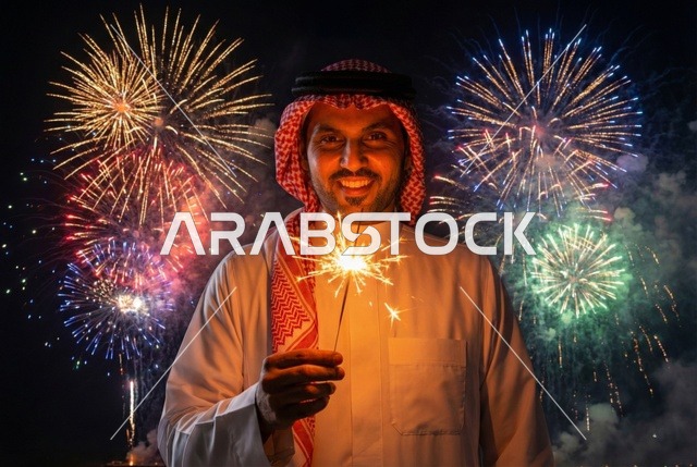 أجواء الاحتفالات السنوية في المملكة, الفعاليات الاحتفالية الترفيهية بالأعياد والمناسبات, الاستعداد لقدوم العام الجديد, انطلاق المفرقعات والألعاب النارية في سماء السعودية ليلا, رجل عربي خليجي سعودي يرتدي الزى التقليدي والشماغ يحتفل بعيد رأس السنة الميلادية 2026