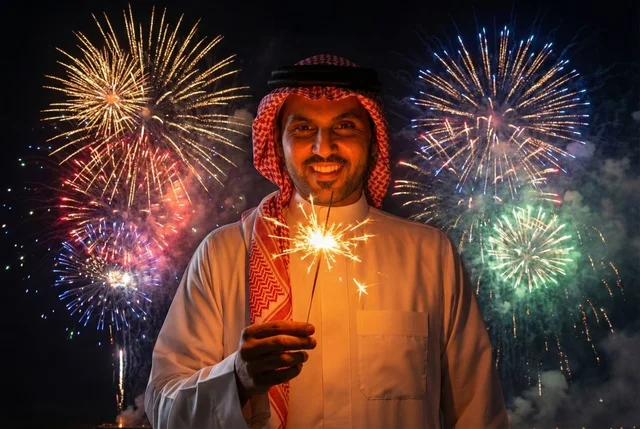 The atmosphere of annual celebrations in the Kingdom, festive entertainment events for holidays and occasions, preparations for the arrival of the new year, the launch of fireworks and firecrackers in the sky of Saudi Arabia at night, an Arab Gulf Saudi man wearing traditional attire and a shemagh celebrating New Year's Eve 2026.