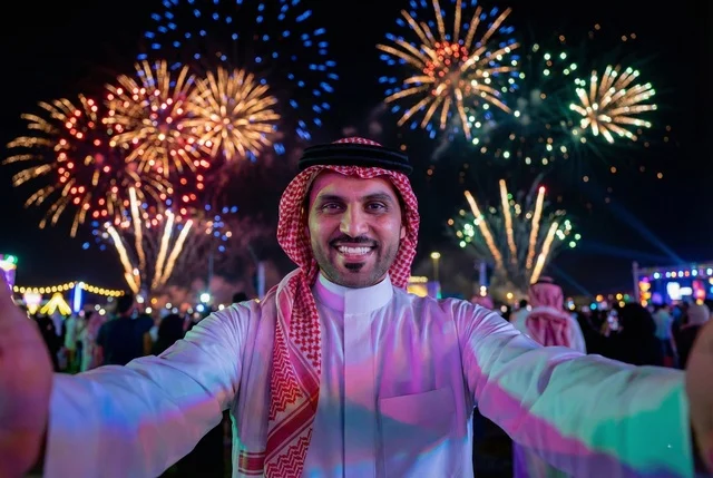 أجواء الاحتفالات السنوية في المملكة, الفعاليات الاحتفالية الترفيهية بالأعياد والمناسبات, الاستعداد لقدوم العام الجديد, انطلاق المفرقعات والألعاب النارية في سماء السعودية ليلا, رجل عربي خليجي سعودي يرتدي الزى التقليدي والشماغ يحتفل بعيد رأس السنة الميلادية 2026