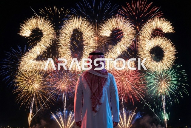 أجواء الاحتفالات السنوية في المملكة, الفعاليات الاحتفالية الترفيهية بالأعياد والمناسبات, الاستعداد لقدوم العام الجديد, انطلاق المفرقعات والألعاب النارية في سماء السعودية ليلا, رجل عربي خليجي سعودي يرتدي الزى التقليدي والشماغ يحتفل بعيد رأس السنة الميلادية 2026