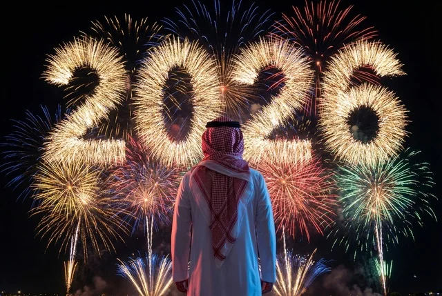 أجواء الاحتفالات السنوية في المملكة, الفعاليات الاحتفالية الترفيهية بالأعياد والمناسبات, الاستعداد لقدوم العام الجديد, انطلاق المفرقعات والألعاب النارية في سماء السعودية ليلا, رجل عربي خليجي سعودي يرتدي الزى التقليدي والشماغ يحتفل بعيد رأس السنة الميلادية 2026