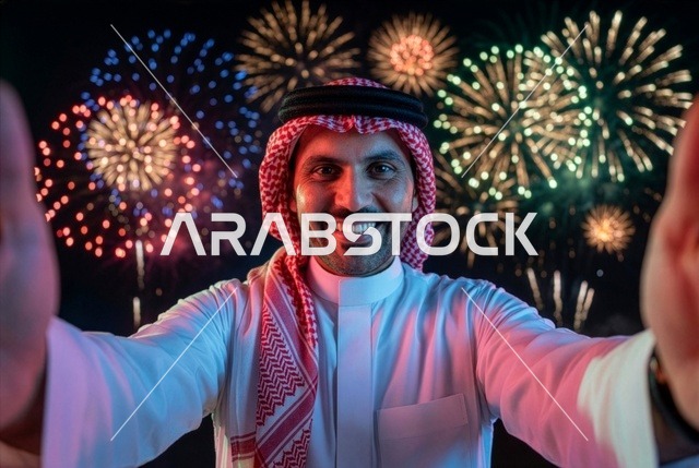 أجواء الاحتفالات السنوية في المملكة, الفعاليات الاحتفالية الترفيهية بالأعياد والمناسبات, الاستعداد لقدوم العام الجديد, انطلاق المفرقعات والألعاب النارية في سماء السعودية ليلا, رجل عربي خليجي سعودي يرتدي الزى التقليدي والشماغ يحتفل بعيد رأس السنة الميلادية 2026