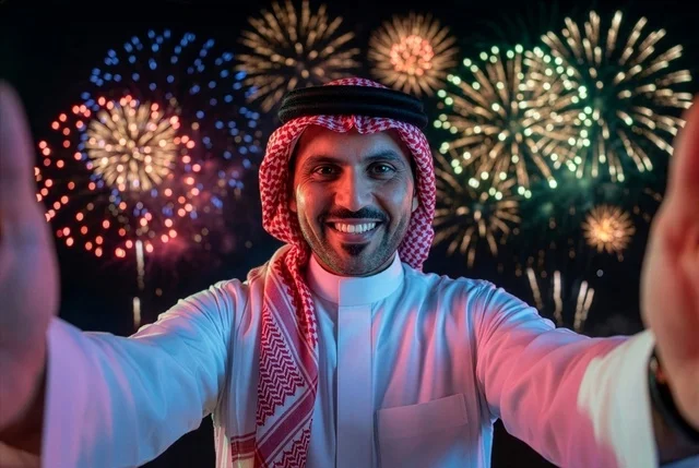 أجواء الاحتفالات السنوية في المملكة, الفعاليات الاحتفالية الترفيهية بالأعياد والمناسبات, الاستعداد لقدوم العام الجديد, انطلاق المفرقعات والألعاب النارية في سماء السعودية ليلا, رجل عربي خليجي سعودي يرتدي الزى التقليدي والشماغ يحتفل بعيد رأس السنة الميلادية 2026