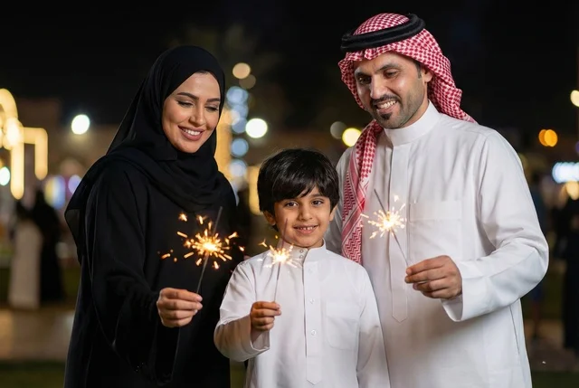 The launch of fireworks and firecrackers in the sky of Saudi Arabia at night, festive entertainment events for holidays and occasions, preparations for the arrival of the new year, the atmosphere of annual celebrations in the kingdom, an Arab Gulf Saudi family celebrating New Year's Eve 2026.