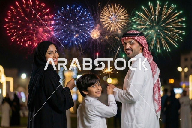انطلاق المفرقعات والألعاب النارية في سماء السعودية ليلا,  الفعاليات الاحتفالية الترفيهية بالأعياد والمناسبات, الاستعداد لقدوم العام الجديد, أجواء الاحتفالات السنوية في المملكة, عائلة عربية خليجية سعودية تحتفل بعيد رأس السنة الميلادية 2026