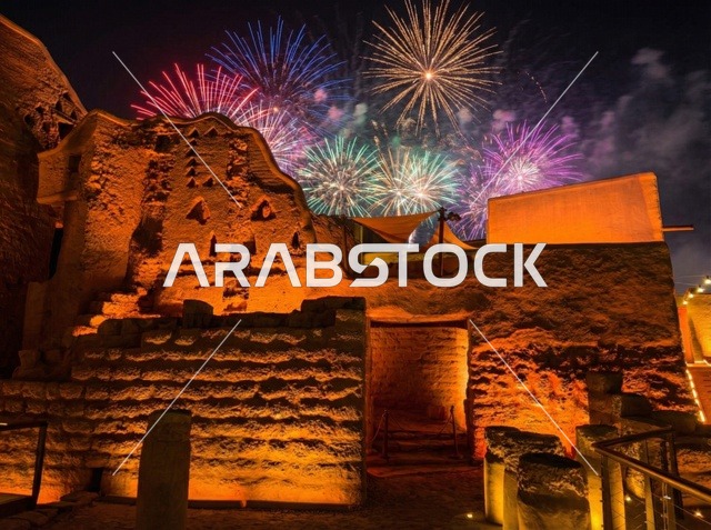 مكان سياحي تراثي في السعودية، الفن الهندسي المعماري على الطراز القديم، المباني الأثرية والبيوت الطينية في حي الطريف في الدرعية القديمة، معالم أثرية تاريخية مشهورة،  انطلاق المفرقعات والألعاب النارية في سماء السعودية ليلا,  الفعاليات الاحتفالية الترفيهية بالأعياد والمناسبات, الاحتفال بعيد رأس السنة الميلادية 2026