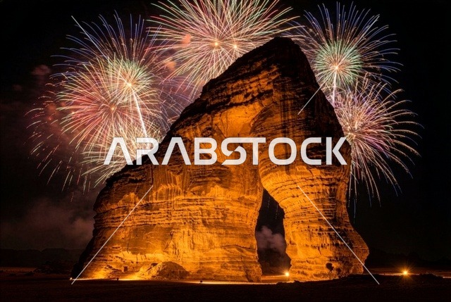 التكوينات الصخرية في مدينة العلا بالمملكة العربية السعودية، صخرة الفيل في العلا، انطلاق المفرقعات والألعاب النارية في سماء السعودية ليلا,  الفعاليات الاحتفالية الترفيهية بالأعياد والمناسبات, الاحتفال بعيد رأس السنة الميلادية 2026