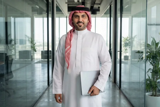 Saudi professions and jobs, managing daily work tasks within the company headquarters, using modern technical devices at work, a smiling Arab Gulf Saudi man wearing a traditional Saudi thobe and shemagh holding a technical device in his hand, looking at the camera with expressions and gestures of joy.