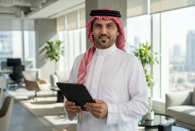 Saudi professions and jobs, managing daily work tasks within the company headquarters, using modern technical devices at work, a smiling Arab Gulf Saudi man wearing a traditional Saudi thobe and shemagh holding a technical device in his hand, looking at the camera with expressions and gestures of joy.
