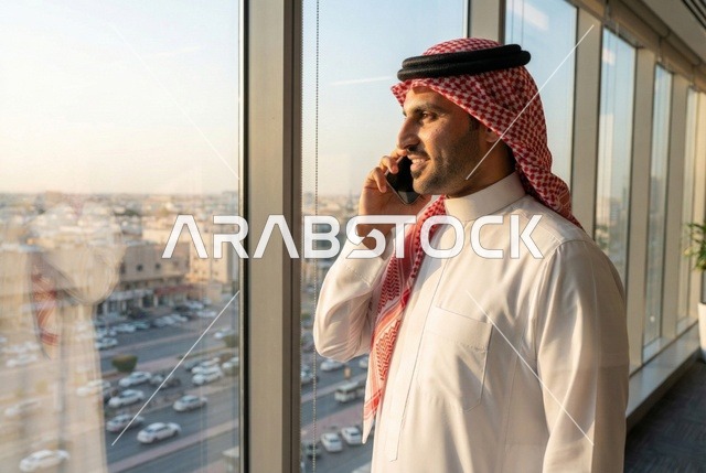 مهن ووظائف سعودية، ادارة مهام العمل اليومية داخل مقر الشركة، استخدام الاجهزة التقنية الحديثة في العمل، رجل عربي خليجي سعودي مبتسم يرتدي الشماغ و الثوب السعودي التقليدي  يجري مكالمة هاتفية عبر الجوال , النظر بتعابير وايماءات السرور