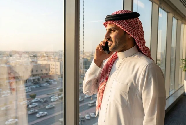 مهن ووظائف سعودية، ادارة مهام العمل اليومية داخل مقر الشركة، استخدام الاجهزة التقنية الحديثة في العمل، رجل عربي خليجي سعودي مبتسم يرتدي الشماغ و الثوب السعودي التقليدي  يجري مكالمة هاتفية عبر الجوال , النظر بتعابير وايماءات السرور