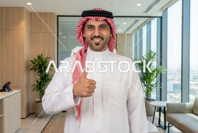 مفهوم الأناقة والإهتمام بالمظهر الخارجي، رجل أعمال عربي خليجي سعودي مبتسم يرتدي الثوب التقليدي والشماغ ينظر الى الكاميرا بتعابير السعاده ، مهن ووظائف ادارية سعودية، توضيح مهام العمل واستراتيجيات الشركة