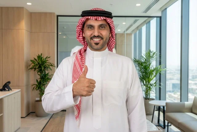The concept of elegance and attention to appearance, a smiling Arab Gulf Saudi businessman wearing traditional attire and a ghutrah looking at the camera with expressions of happiness, professions and administrative jobs in Saudi Arabia, clarifying job tasks and company strategies.