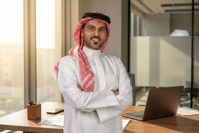 مفهوم الأناقة والإهتمام بالمظهر الخارجي، رجل أعمال عربي خليجي سعودي مبتسم يرتدي الثوب التقليدي والشماغ ينظر الى الكاميرا بتعابير السعاده ، مهن ووظائف ادارية سعودية، توضيح مهام العمل واستراتيجيات الشركة