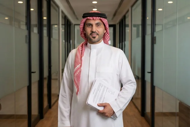 بيئة العمل المريحة في شركات السعودية، النظر الى الكاميرا بتعابير السرور والسعادة، مهنة ووظيفة مكتبية، رجل عربي خليجي سعودي مبتسم يرتدي الغترة والثوب التقليدي يقف بايماءات الثقة بالنفس داخل المكتب في مقر الشركة يحمل بيده اوراق العمل