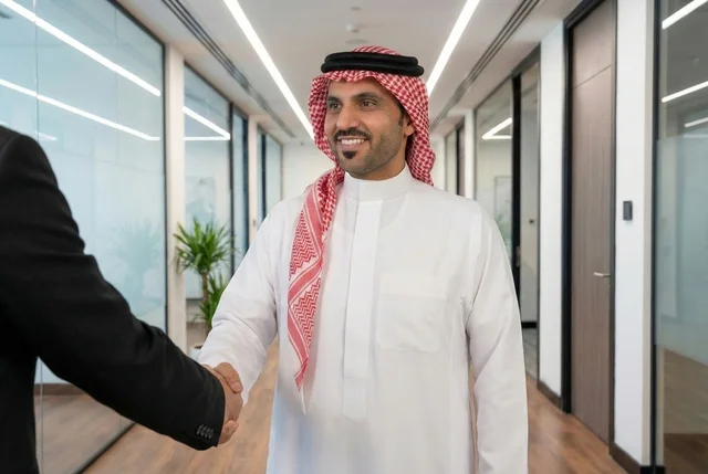 رجل أعمال عربي سعودي خليجي يرتدي الزي السعودي يصافح رجل أعمال عربي يرتدي البدلة الرسمية، الإتفاق على المشاريع التجارية، صفقة عمل جديده,  التعاون بين الشركات، بيئة عمل سعوديه، شركات عربيه سعوديه خليجيه في المملكه العربيه السعوديه