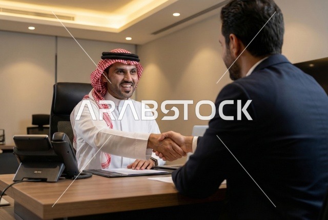 رجل أعمال عربي سعودي خليجي يرتدي الزي السعودي يصافح رجل أعمال عربي يرتدي البدلة الرسمية، الإتفاق على المشاريع التجارية، صفقة عمل جديده,  التعاون بين الشركات، بيئة عمل سعوديه، شركات عربيه سعوديه خليجيه في المملكه العربيه السعوديه