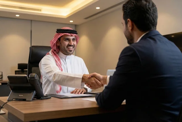 A Saudi Arabian Gulf Arab businessman wearing traditional Saudi attire shakes hands with an Arab businessman in formal suit, agreeing on business projects, a new business deal, cooperation between companies, a Saudi work environment, Arab Saudi Gulf companies in the Kingdom of Saudi Arabia.